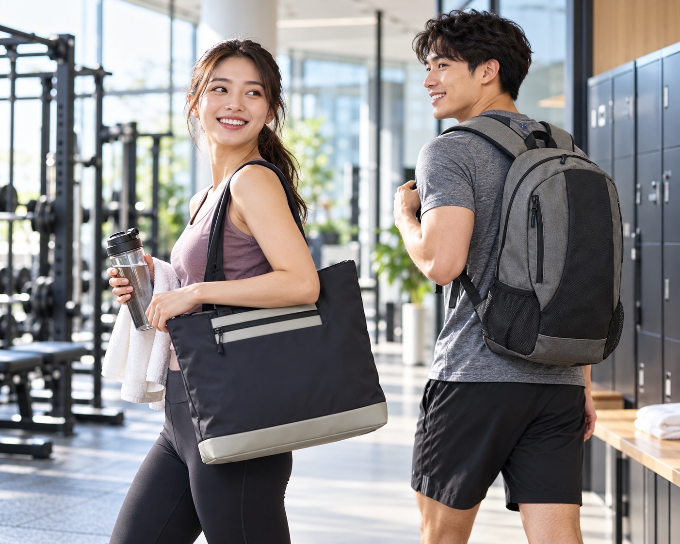 スポーツジムでトートバッグとリュックサックを使用する男女のイメージ