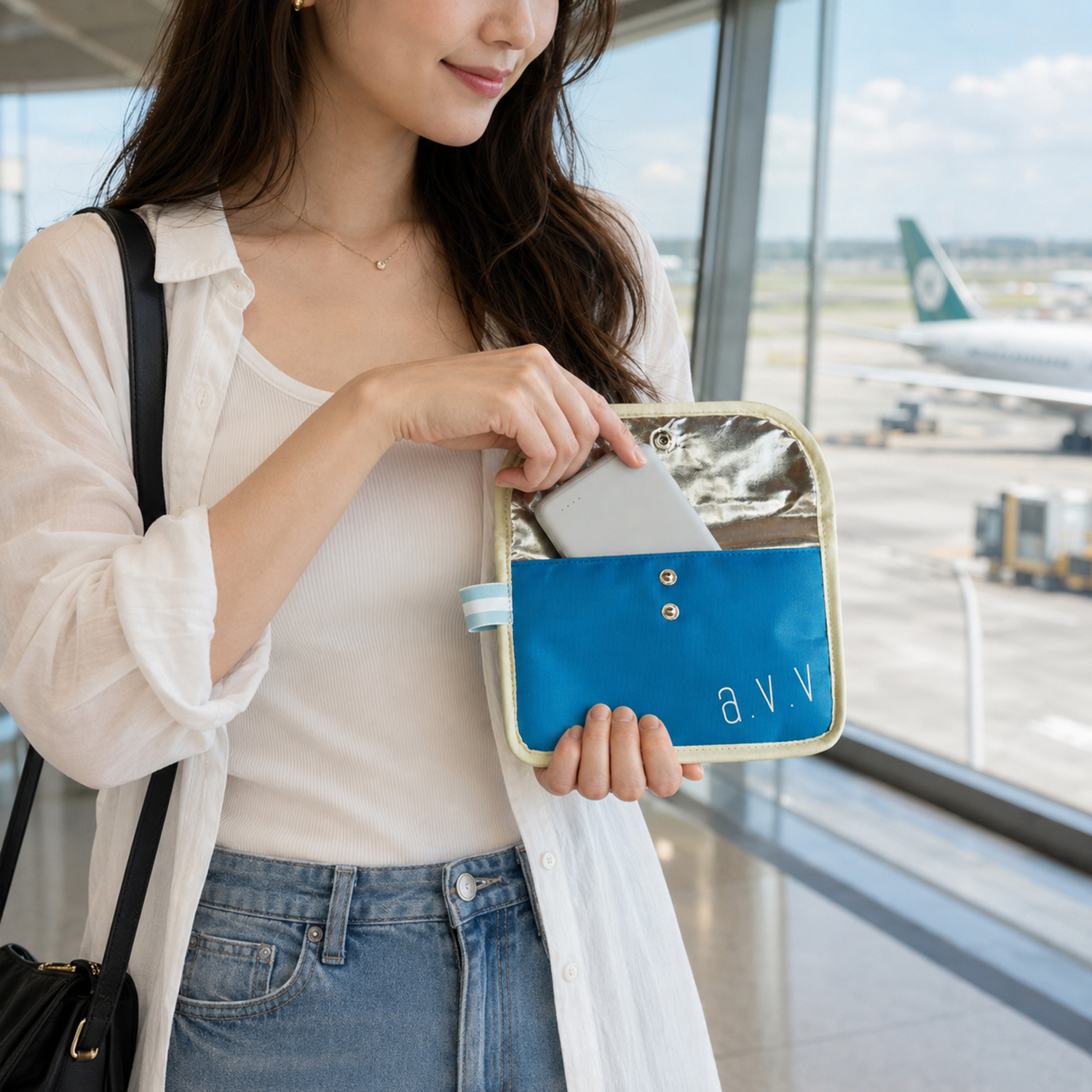 空港でモバイルバッテリー不燃ポーチを使用するイメージ