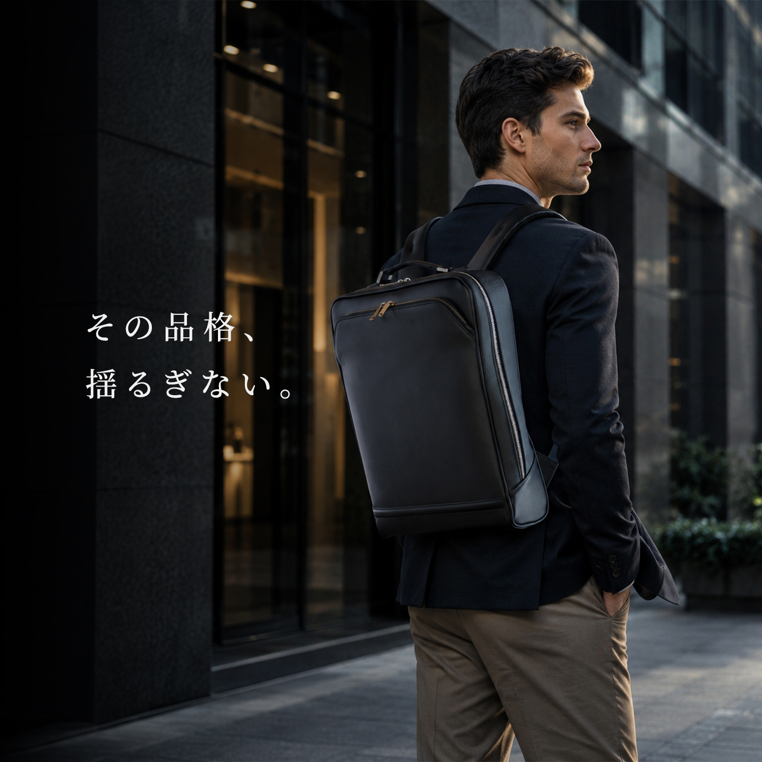 その品格、揺るぎない。BUSITOOL FINOZE ネイビーブルー リュックサック モデル着用カット